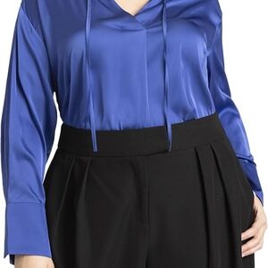 Eloquii Blue Satin Long Sleeve Tie Front Blouse